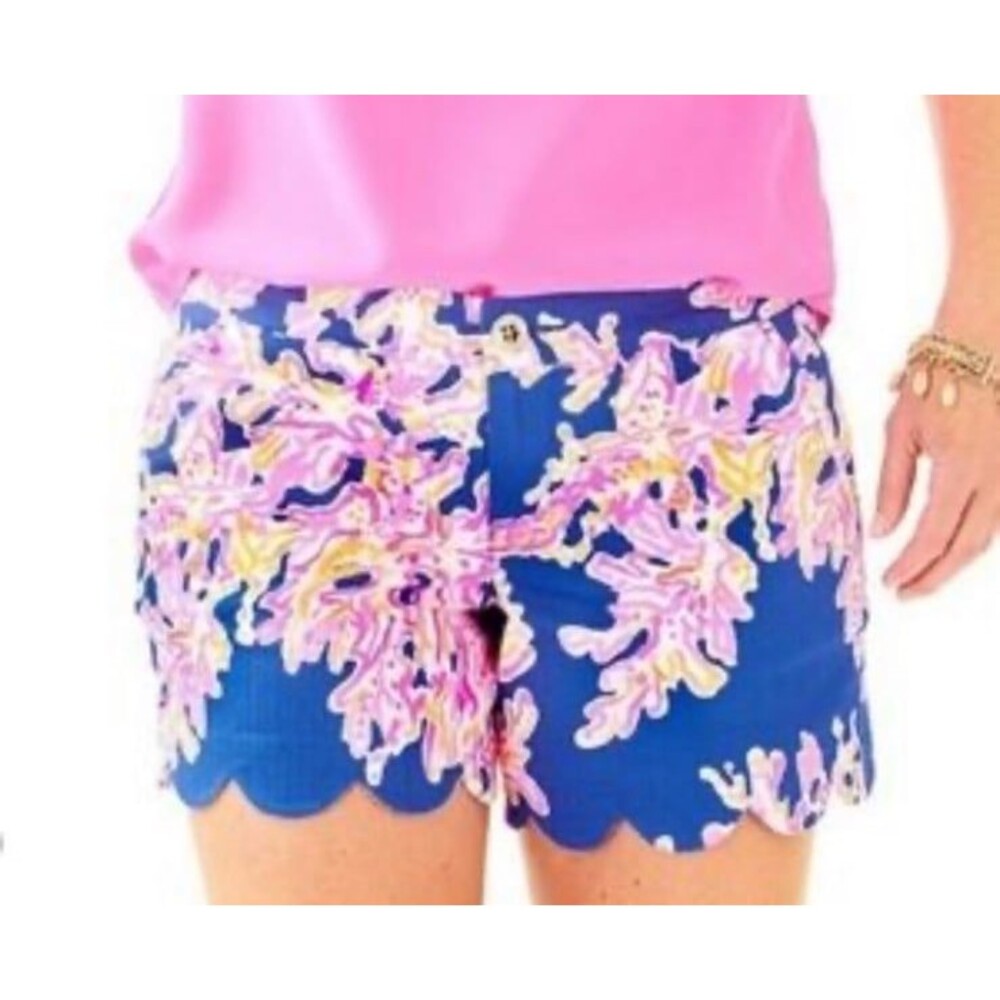 Lilly Pulitzer Blue Pink Coral Reef Buttercup Scallop Hem 5” Shorts Women’s 6